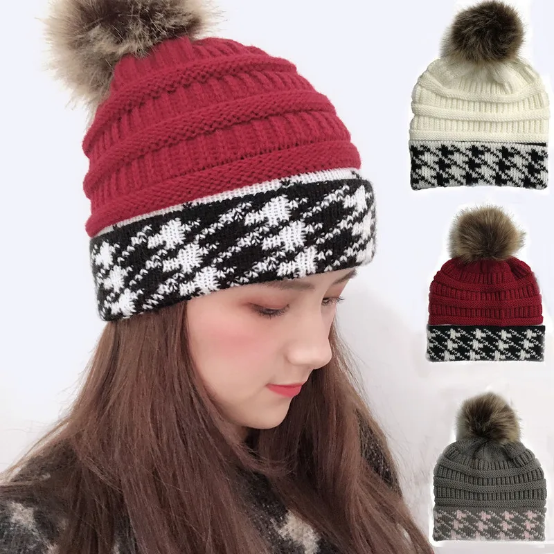 

Casual Autumn Winter Warm Hat Houndstooth Pattern Knit Hat Cute Pompom Femal Winter Beanie Hat Knitwear