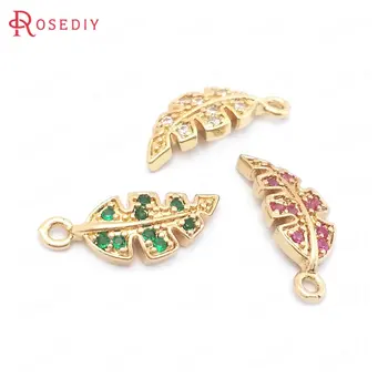 

(38535)10PCS 6.5x16MM 24K Champagne Gold Color Brass and Zircon Tree Leaves Charms Pendants High Quality Jewelry Making Supplies