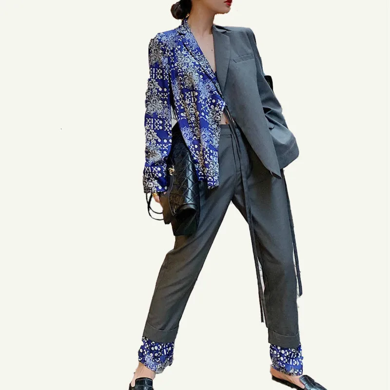 

LANMREM 2020 new turn-down collar full sleeved printed waist blets blazer autumn and winter full length pants set WJ77705L