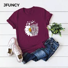 JFUNCY 2020 New Summer Cotton Women T-shirts Creative Chrysanthemum Inspirational Letter Print T Shirt Plus Size Mujer Tee Tops JFUNCY 2020 New Summer Cotton Women T-shirts Creative Chrysanthemum Inspirational Letter Print T Shirt Plus Size Mujer Tee Tops