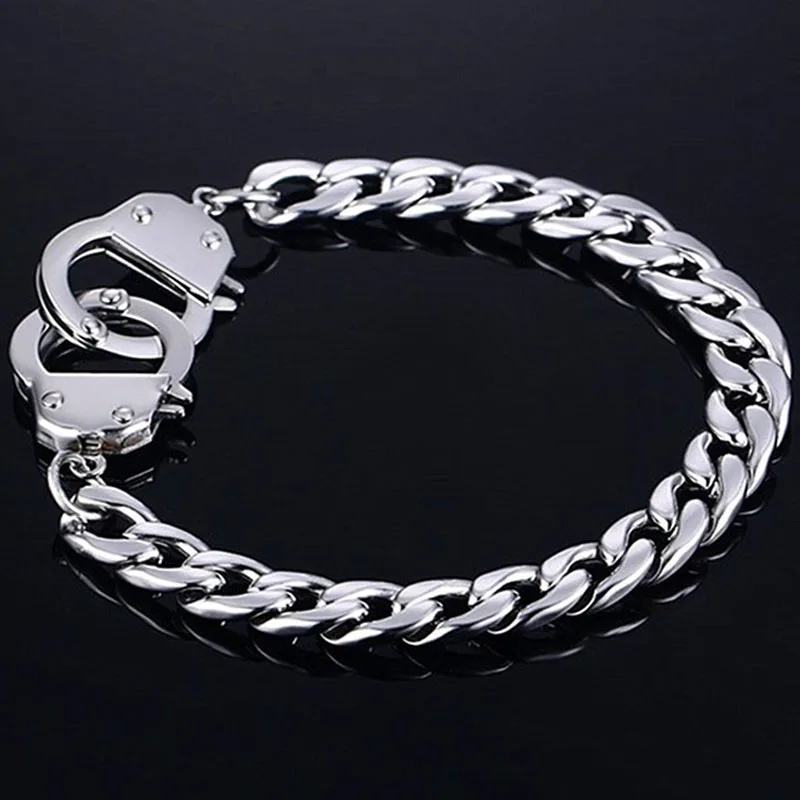 Серебряный браслет наручники для мужчин нержавеющая сталь для мальчиков звено цепи браслеты браслет панк Модные мужские ювелирные изделия