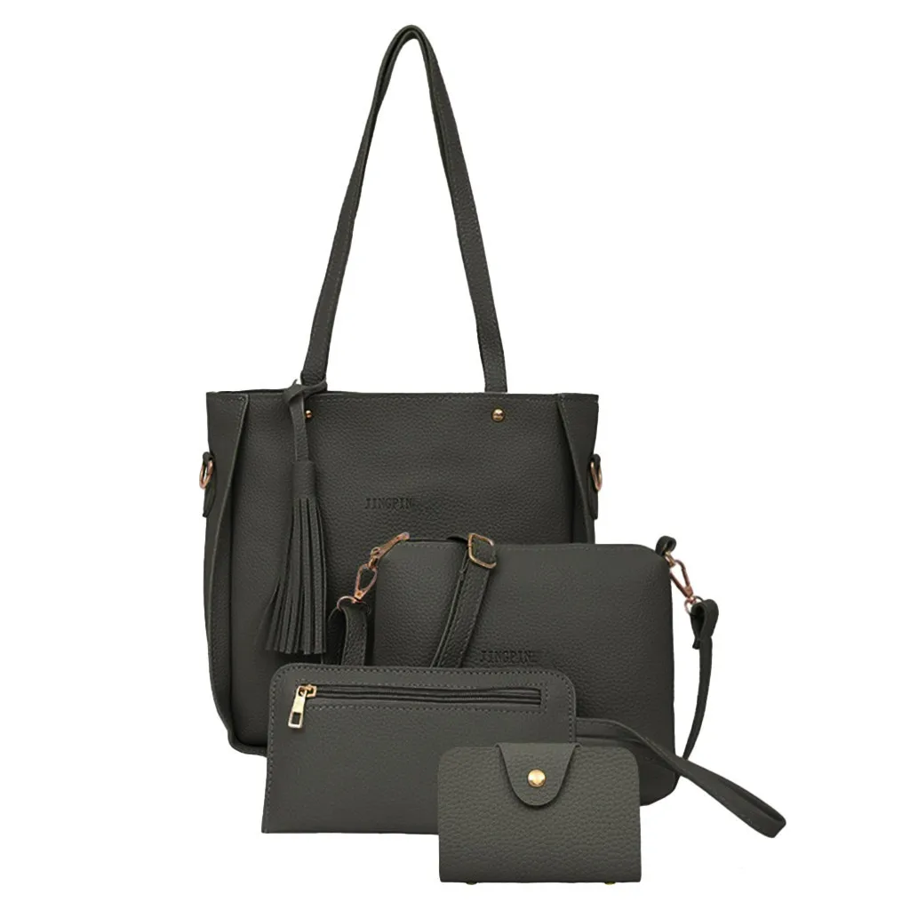 Woman bag New Fashion Four-Piece Shoulder Messenger Bag Wallet Composite Handbag Elegant anti-theft Composite travel bag - Цвет: Темно-серый