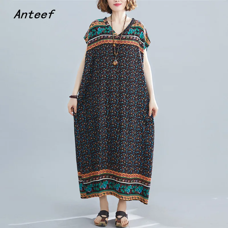 Женское длинное платье из хлопка и атласа свободное пляжное с цветочным принтом