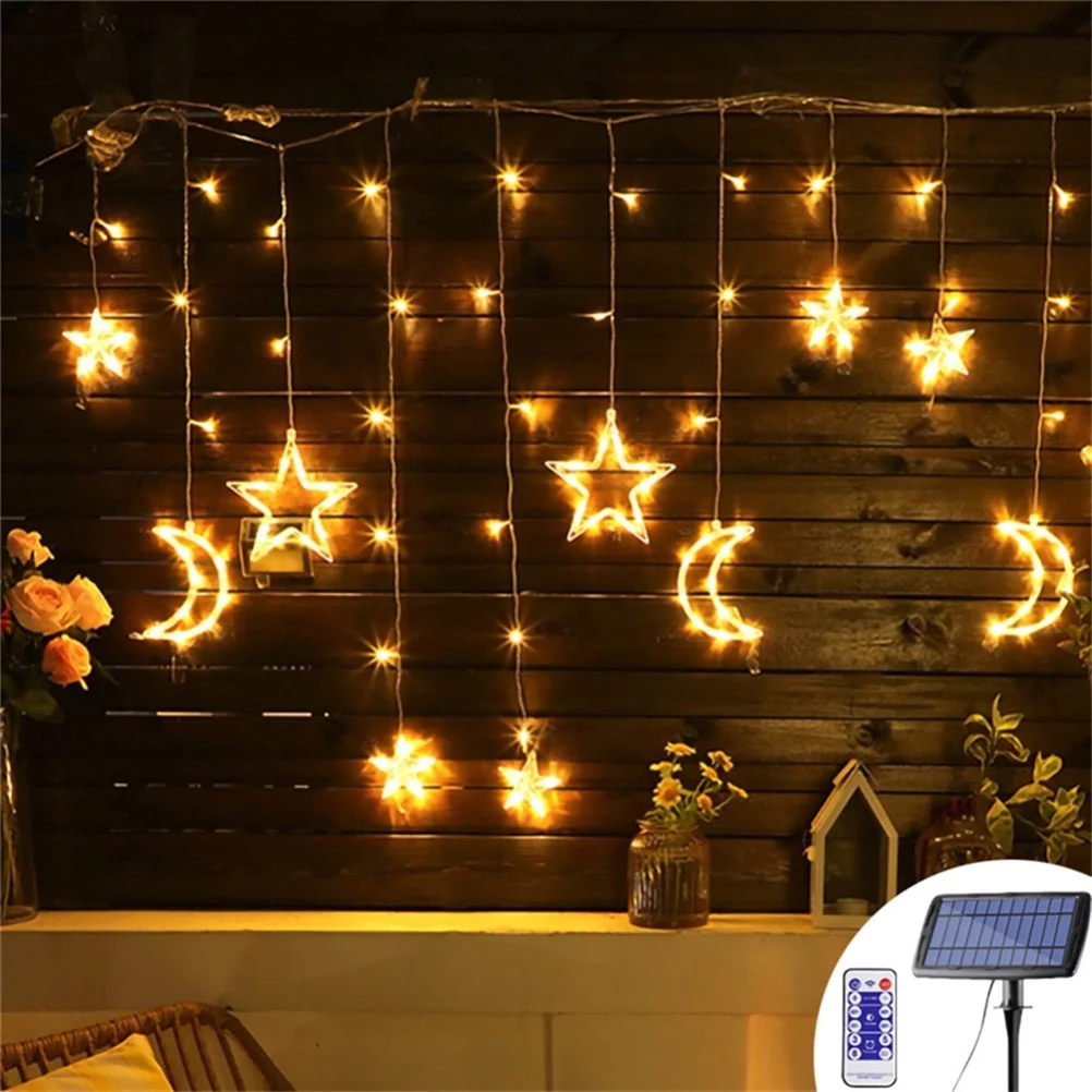 Solar Powered Star Moon Led String Lights Luci Per Tende Da Giardino Impermeabili 8 Modalità Lampada A Filo Per Decorazioni Natalizie Per Matrimoni