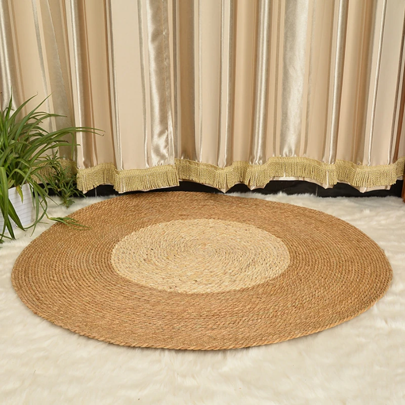 

Rug 100% Natural Jute Woven Rugs Handmade Rattan Living Room Area Carpet Retro Pastoral Style Futon Straw Cushion