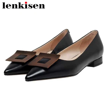 

Lenkisen full grain leather pointed toe low heel shoes women metal square buckle office lady shallow slip on gorgeous pumps L25