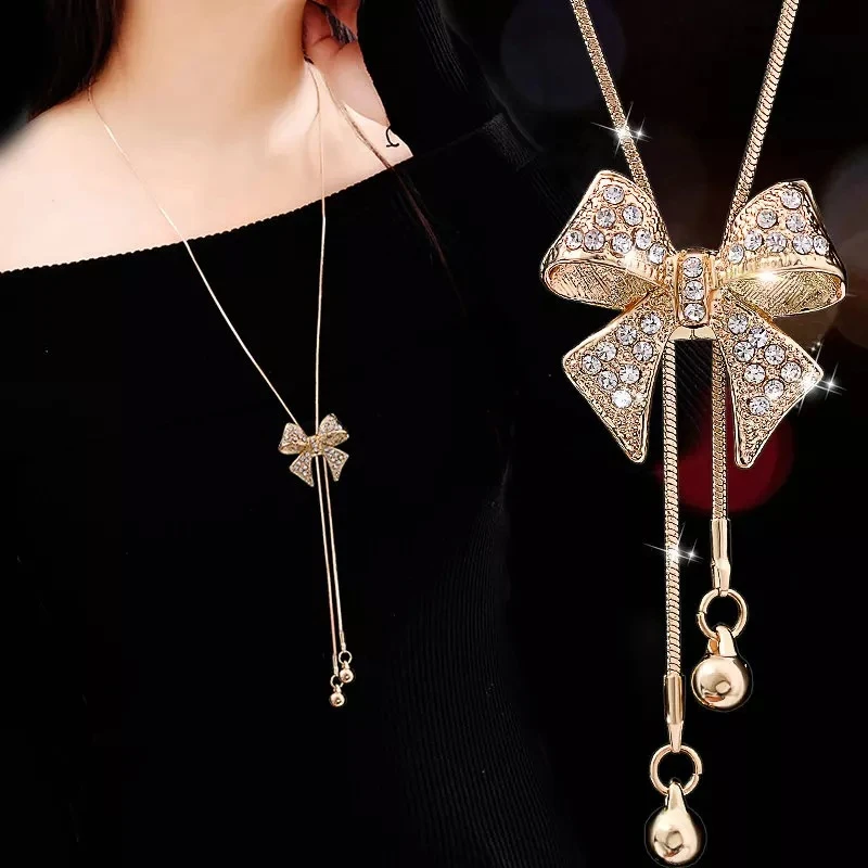 Новинка, кольца, массивное ожерелье s& Кулоны для женщин, винтажное длинное ожерелье с кристаллами, женское колье, женские вечерние ювелирные изделия, подарок - Окраска металла: Bowknot Gold