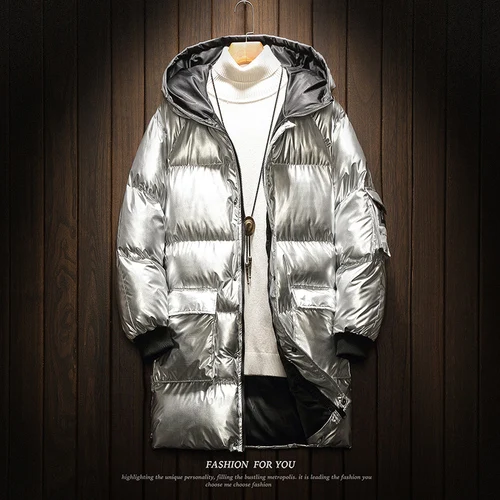 Серебристый Winter Bright color parka men's x-long Korean winter coat size S-5XL - Цвет: Серебристый