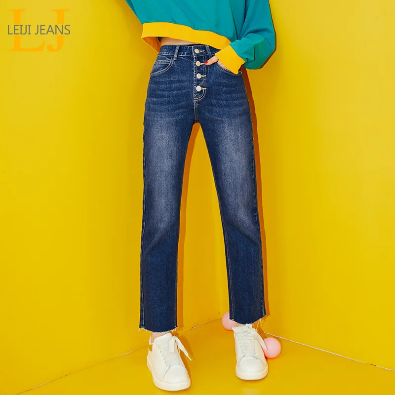 LEIJIJEANS 5XL 6XL, новинка, четыре брекета, свободные, для девушек, прямые, средняя посадка, джинсы, синие, повседневные, размера плюс, женские джинсы 9091