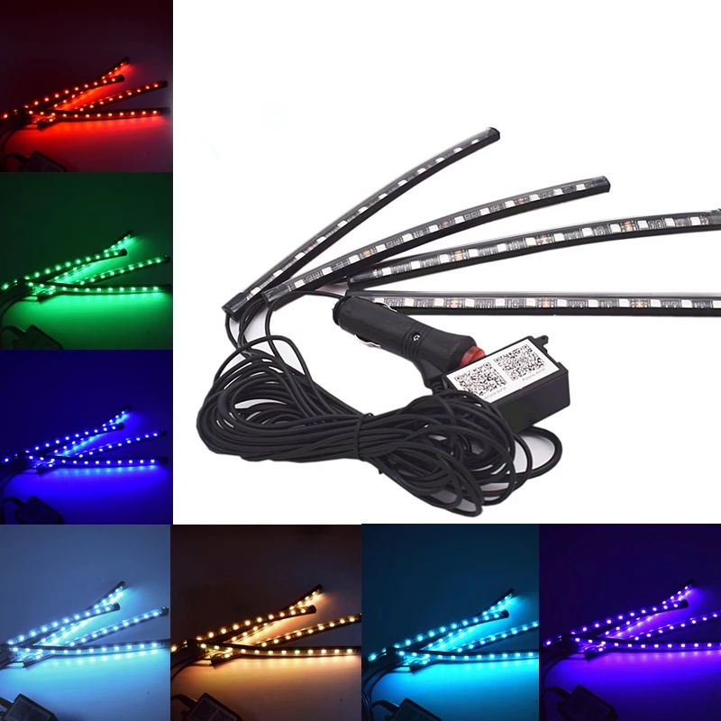 Car Interior Floor Atmosphere Remote/App/Voice Control Rgb Led Drl Strip Light Wireless Lamp Foot Decoration Cigarette Light 12V