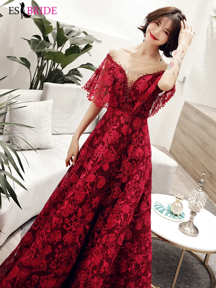 Красные кружевные аппликации Vestidos De Fiesta De Noche Сексуальные вечерние платья с открытой спиной длинное элегантное вечернее платье Robe De Soiree ES1952