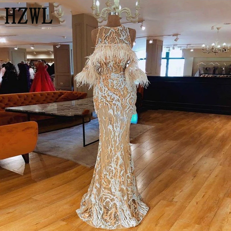 Новое Элегантное арабское вечернее платье из перьев robe de soiree кружевное платье для выпускного вечера исламское дубайское женское вечернее платье на заказ
