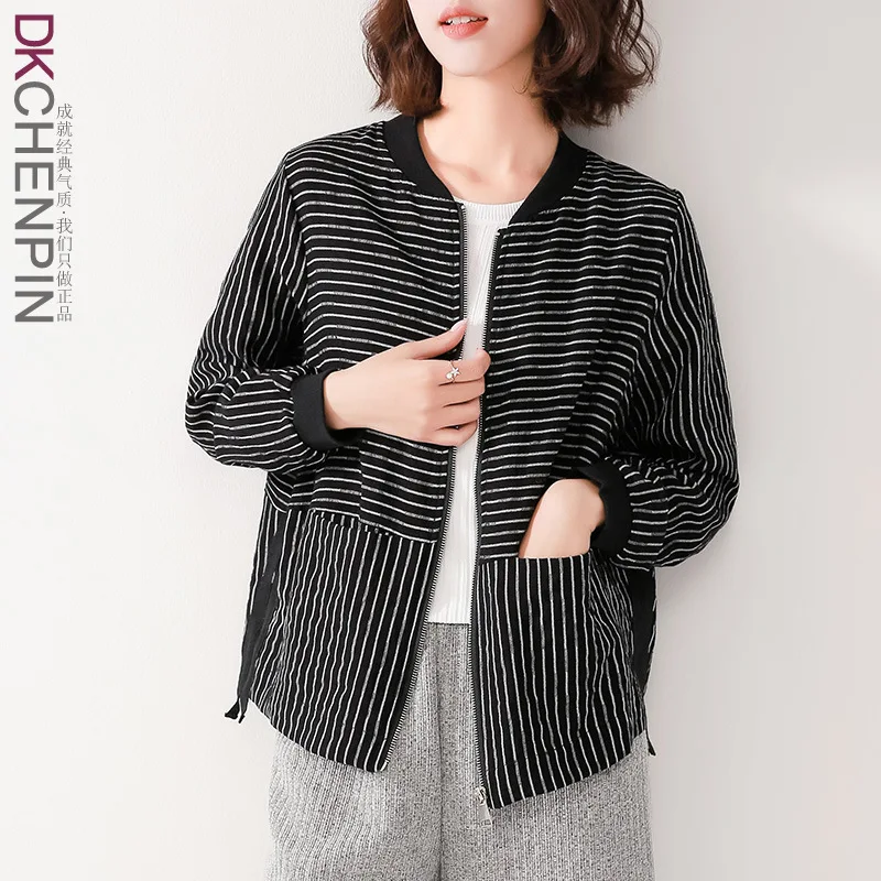 

Black And White Stripes Short Tops Women's Autumn Loose-Fit Baseball Shirt 2019 New Style Large Size Coat Middle-aged Women Dres
