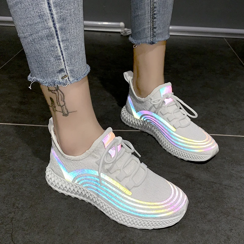 

2019 New Running Shoes for Women Reflective Colorful Flying Woven Women's Breathable Casual Sports Shoes Sock Sneakers Woman