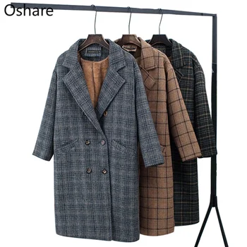 

NEW Winter Check Velvet Coat Female Notched checkered Woolen Women's Coats Fleece Office Lady 2020 Vintage Long Overcoat Woman