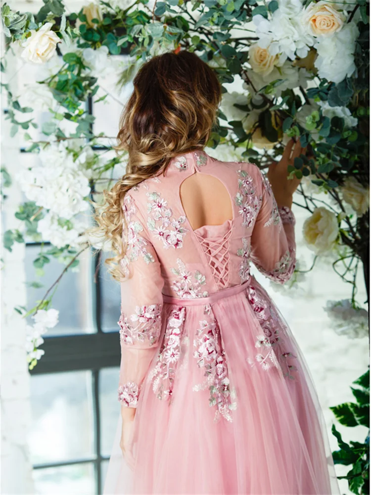 Vestidos largos fiesta розовое вечернее платье с длинными рукавами с цветочным принтом, доходящая до пола Тюль Вечерние платья вечерние платья для