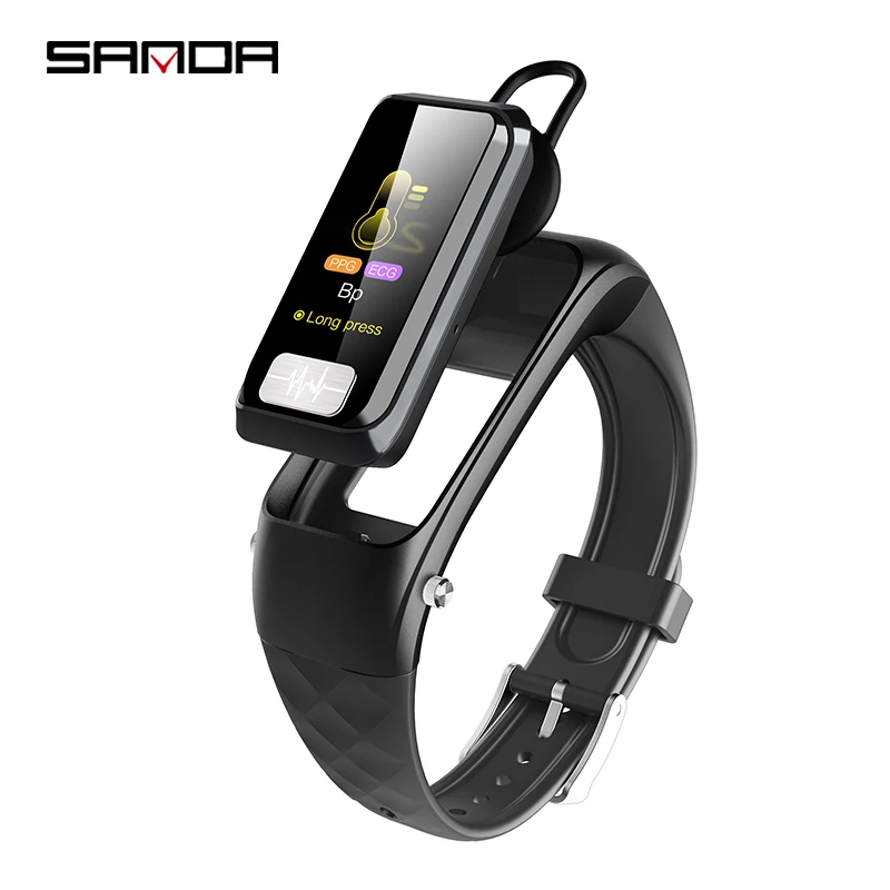 SANDA 2 в 1 bluetooth-гарнитура Смарт часы ECG+ PPG беспроводные наушники кровяное давление пульсометр ремешок для умных часов браслет - Цвет: Черный