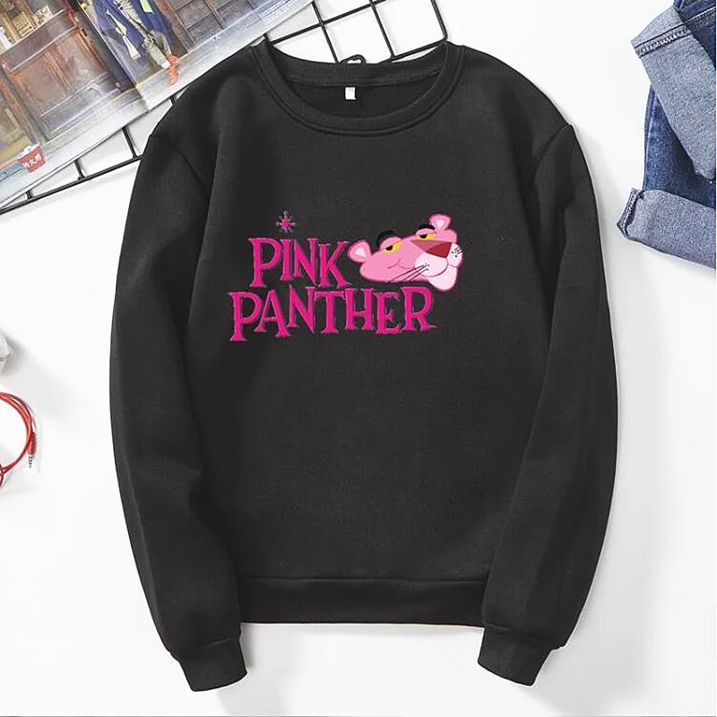 Dreamlikelin Kawaii Толстовка для женщин осень зима флисовая толстовка Милая Розовая пантера с принтом размера плюс женская модная одежда - Цвет: Черный