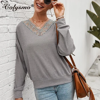 

Colysmo Spring Women Loose Knit Sweater V Neck Long Sleeve Sweaters Jumper Tops Knitwear Solid Pullover Female Knitted Shirt