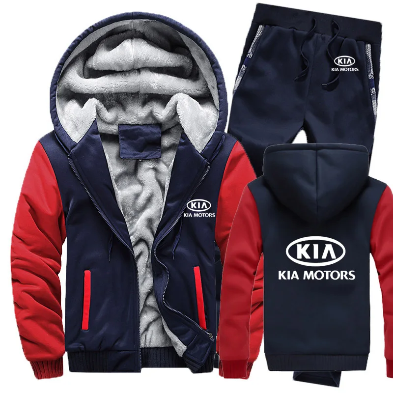 

Winter Hoodies Men KIA Car Logo Mens Hoodies Suit Thicken Warm Fleece cotton Zipper Tracksuit Mens Jacket+Pants 2Pcs Sets