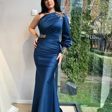 Длинные рукава одно плечо сексуальное Русалка платье для выпускного расшитое бисером атласное размера плюс вечерние платья