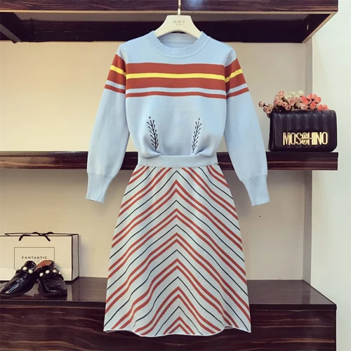 two piece Осеннее трикотажное платье, костюм для женщин, двухсекционный костюм, свитер с длинным рукавом+ Полосатая юбка, комплект модной юбки для девушек - Цвет: two piece