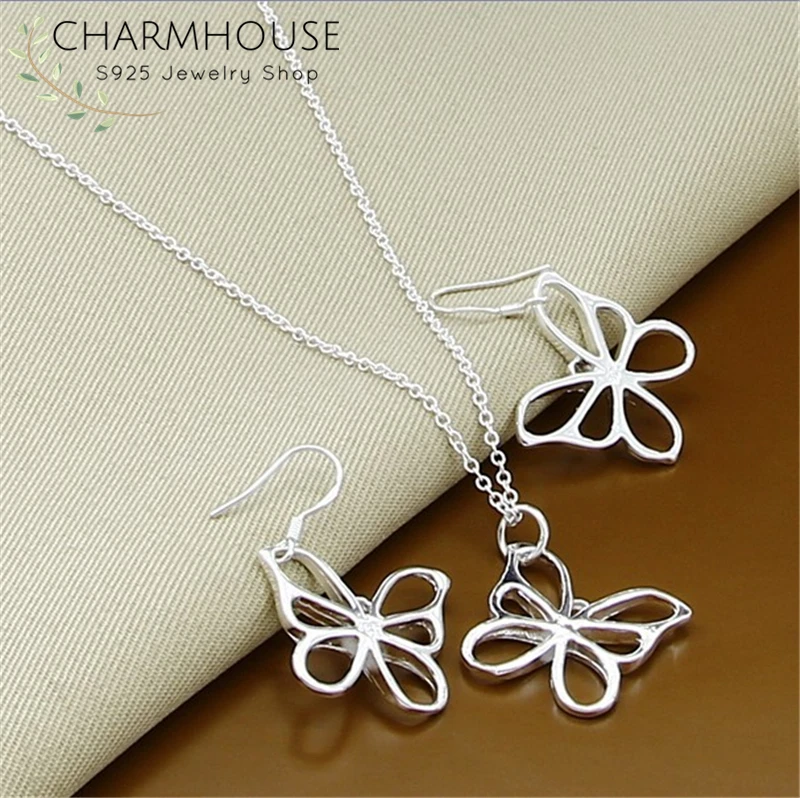 Charmhouse Серебро 925 комплекты украшений для женщин бабочка кулон ожерелье серьги 2 шт аксессуары из дизайнерской бижутерии Bijoux подарки