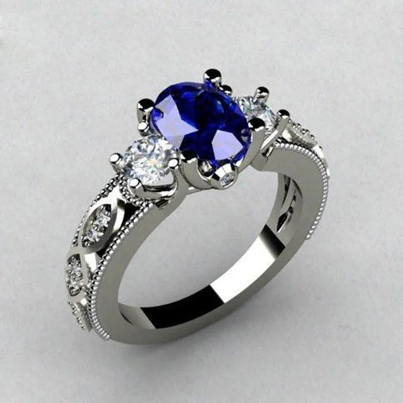 Обручальное кольцо Huitan с овальным синим камнем, роскошное тройное Кристальное каменное зубчатое кольцо с роскошным узором, женское Ювелирное кольцо