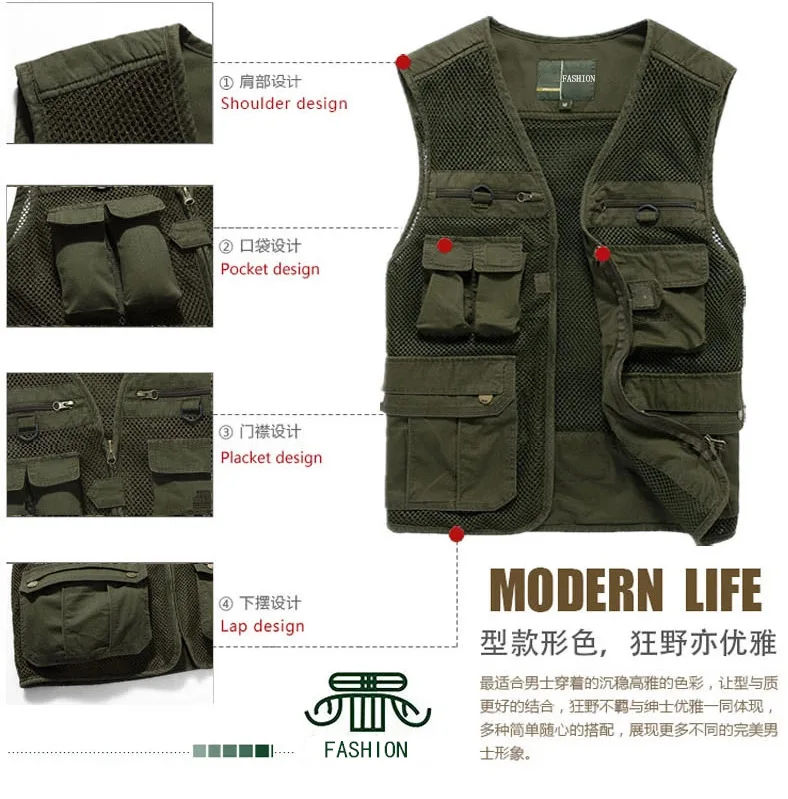 Middle-aged Men Mesh Waistcoat Men's Thin Multi-pockets Single Layer Outdoor Fishing Vest 68