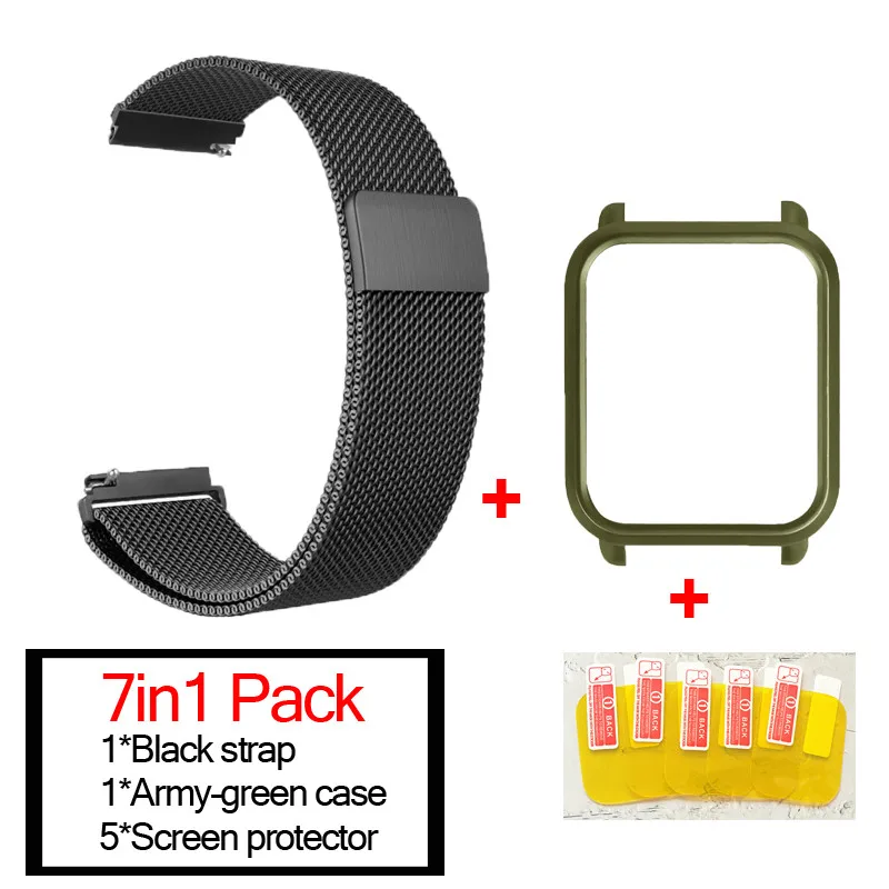 black-army green 7в1 Браслет Для Xiaomi Huami Amazfit ремешок bip Миланская нержавеющая сталь умные часы полосы Amazfit bip защитный чехол для экрана - Цвет: black-army green