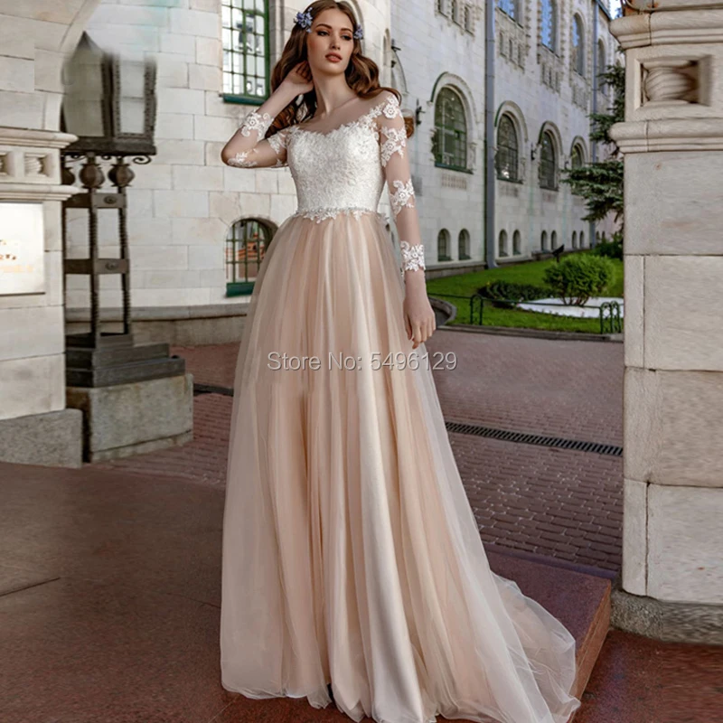 

A Line Charming Wedding Dresses Sexy See Through Scoop Neckline Bridal Gowns Long Sleeves Beaded Sash Vestido De Noiva 2020