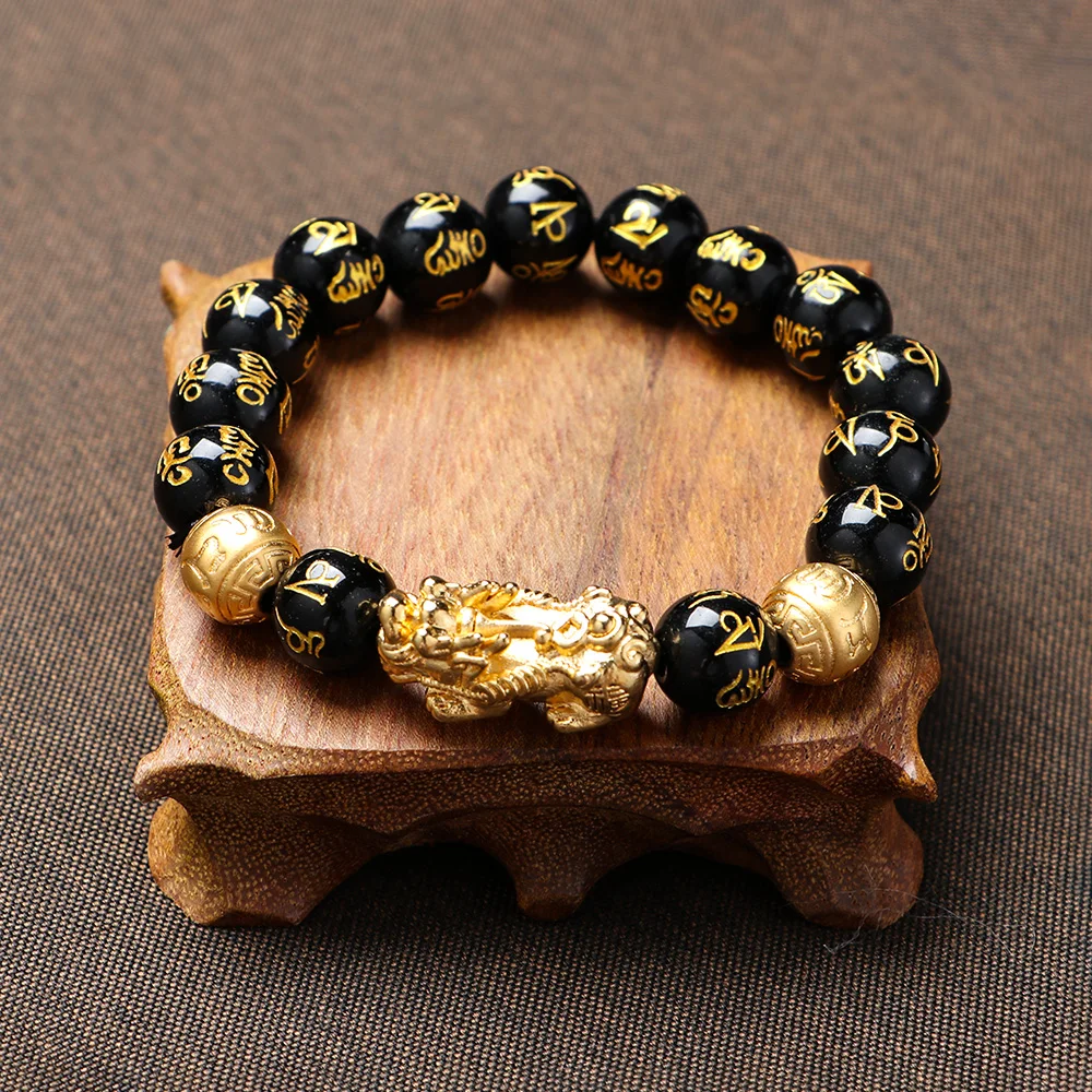 1 шт. обсидиановый золотой браслет для богатства PIXIU черные бусины
