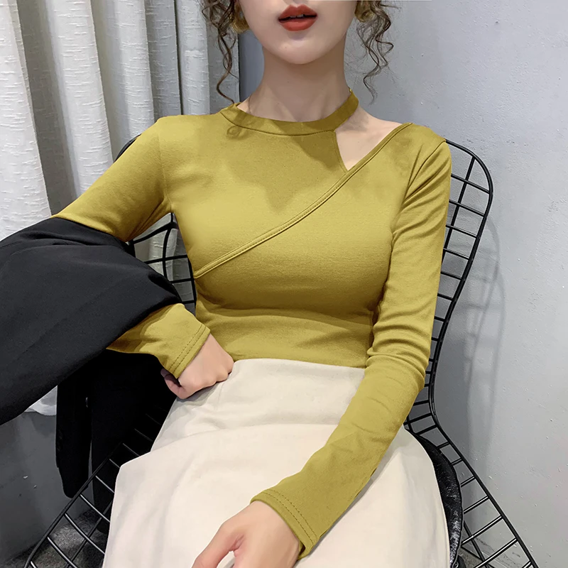 Весна 2020 новинка тонкая сексуальная Однотонная футболка с открытыми плечами и