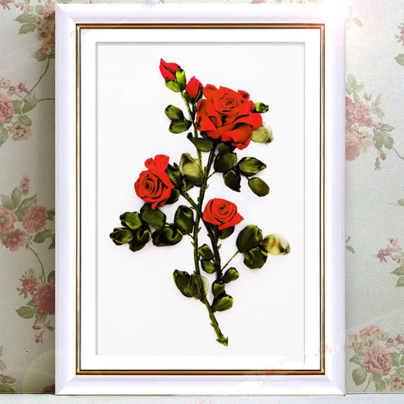 3D Rose Romantic Silk Ribbon Flowers Vase Cross Stitch Kit Needlework Embroidery Painting Craft Wall Stickers Home Decoration