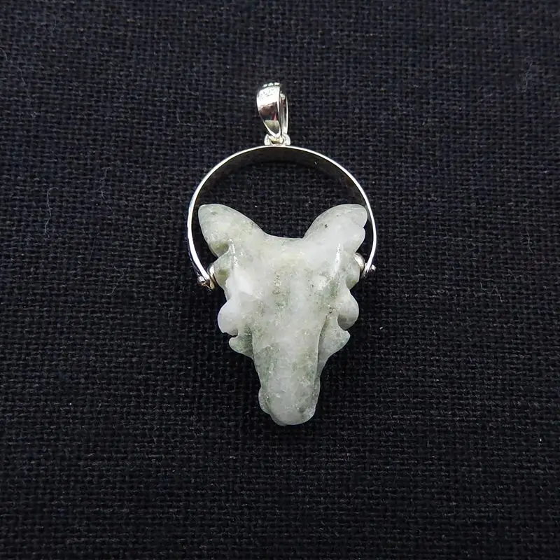 Carved Wolf Head Pyrite Gemstone Pendant Bead, 925 Sterling Silver Buckle.30x19x9mm,3g