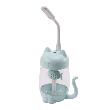 

3 In 1 350Ml Usb Cat Air Humidifier Ultrasonic Cool-Mist Adorable Mini Humidifier With Led Light Mini Usb Fan For Home Office(Bl
