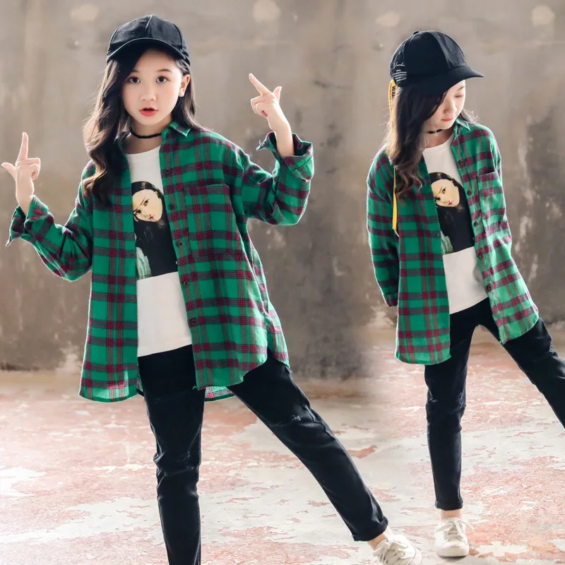 Teenage Girls Green Plaid All-match Cotton Long Shirt Fall
