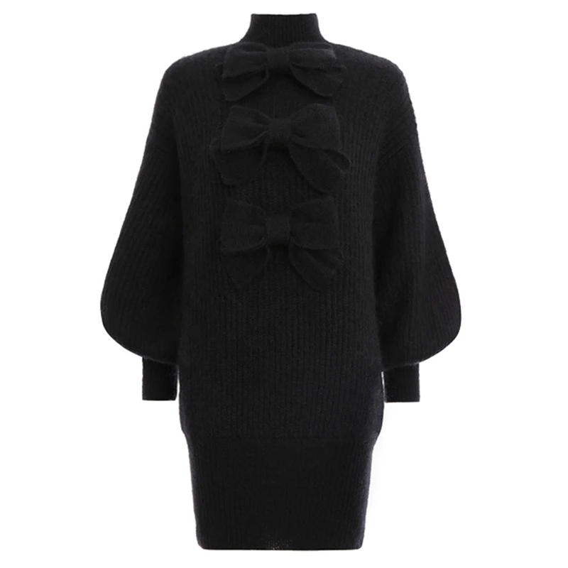 black TWOTWINSTYLE однотонный вязаный свитер платье для женщин водолазка рукав летучая мышь Лоскутные с бантом осенние платья для женщин - Цвет: black
