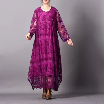 

Women Irregular Spring Summer Retro Lace Dress Ladies Fashion Casual Loose Floral Embroidered Fake Two Pieces Long Dresses