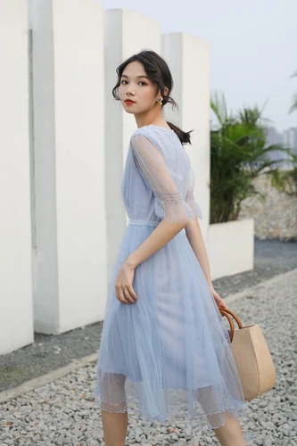 Свободное Повседневное платье в Корейском стиле; летнее модное Сетчатое платье трапециевидной формы; Vestidos Flarre с рукавами; короткое однобортное светло-синее платье