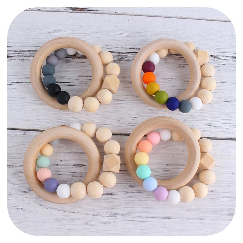 

Baby Nursing Bracelets Rainbow Silicone Teether Wood Teething Rattles Nursing Toys Gift