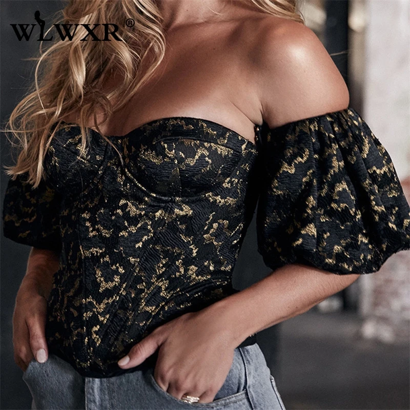 WLWXR без бретелек Bodycon сексуальный укороченный Топ для женщин на молнии с открытой спиной Slash шеи черная блузка рубашка женская с пышными рукавами Женская Клубная блуза