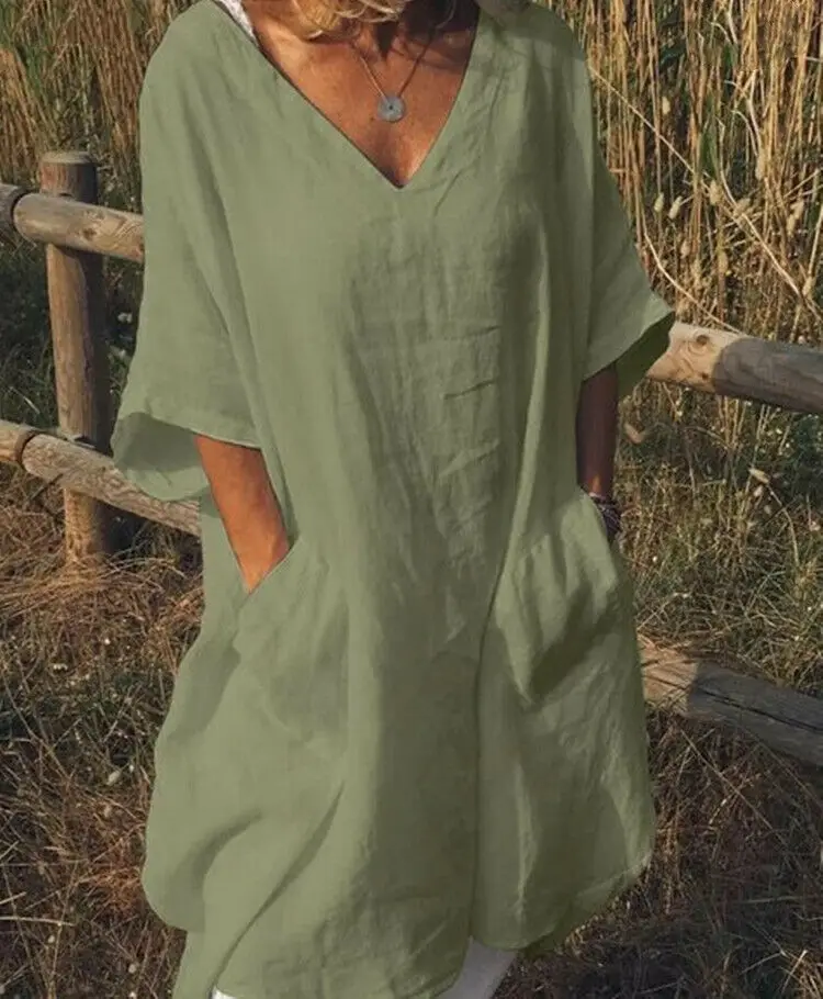 Boho Платье женское летнее с v-образным вырезом свободный Сарафан для пляжа и выходных повседневные Мягкие Рубашки платья 3XL Новинка - Цвет: Army Green