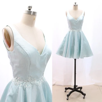 

MACloth Sky Blue Ball Gown V Neck Knee-Length Short Satin Prom Dresses Dress S 268469 Clearance