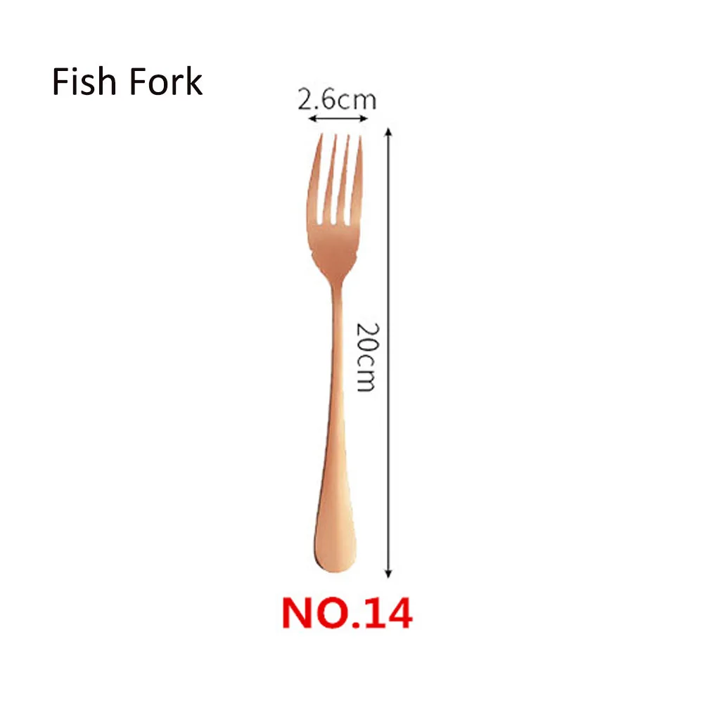 NO.14 Fish Fork Набор посуды из розового золота, Свадебный розовый набор столовых приборов для путешествий, столовые приборы из нержавеющей стали, медный столовый нож, вилка, ложки, столовое серебро - Цвет: NO.14 Fish Fork