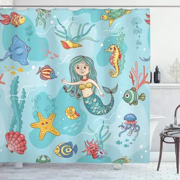 

Mermaid Decor Collection, Pattern with Mermaid Wildlife Tropical Jellyfish Goldfish Cheering Turtle Seahorse Design, Polyester