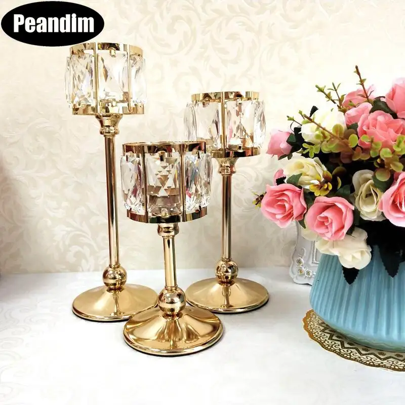 

PEANDIM Wedding Gold Candle Holders TableCenter Centerpieces Candelabra Party Candlesticks Decor K9 Crystal Candle Lantern