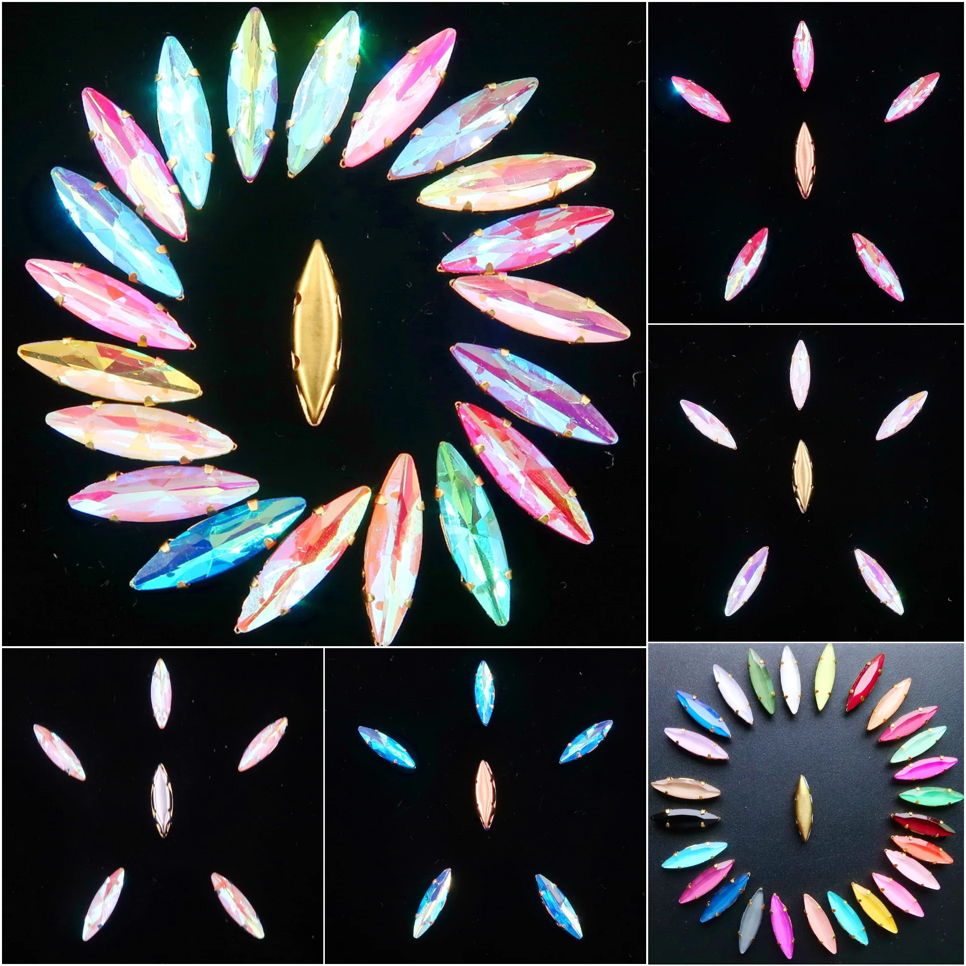 Pferdeaugenförmige Goldklauenfassungen 50 Stück/Packung 4*15mm Jelly Candy & AB Glaskristall Aufnähbare Strassperlen Kristalle für Kleidung DIY