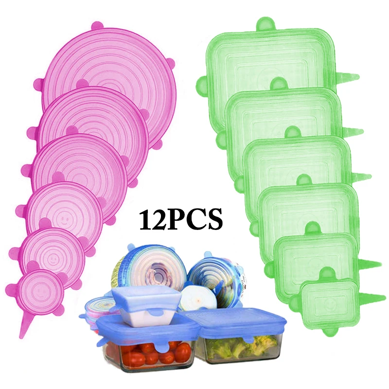 

12pcs Reusable Silicone Food Cover Elastic Stretch Adjustable Bowl Lids Universal Kitchen Wrap Seal Fresh Keeping Silicone Caps