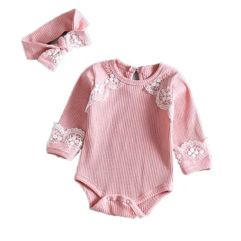 

2019 Spring Autumn Baby girls Lace romper + headband 2PC clothes set pink colour for kids 0-12month